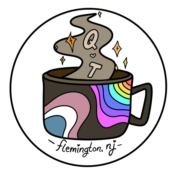a stylized coffee cup with a rainbow and trans flag color blobs on it. the steam of the coffee contains 'Q ♥ T' with sparkles. below the coffee cup reads 'Flemington, NJ' with hearts over the i's